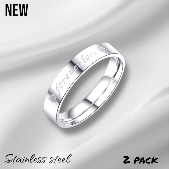New Silver 2 Ring Set *Forever Love* Print Stainless Steel Band Rings - Picture 6 of 6